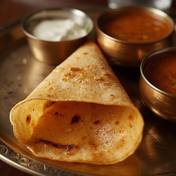 side view, isometric angle , crispy dosa with two bowl of sambar and coconut chutney in a plate , isolated wooden background
