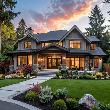 Large, elegant house with stone accents, lush landscaping, and a sunset sky