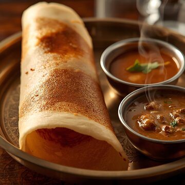 side view, isometric angle , crispy dosa with two bowl of sambar and coconut chutney in a plate , isolated wooden background
