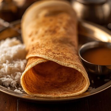 side view, isometric angle , crispy dosa with two bowl of sambar and coconut chutney in a plate , isolated wooden background
