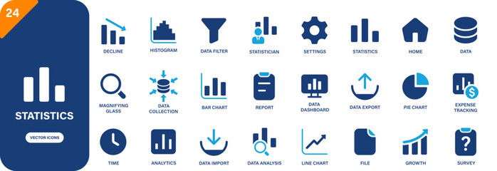 Obraz na płótnie Canvas Statistics icon collection featuring data analysis, decline, expense tracking, statistician and growth symbols. Solid vector icons.