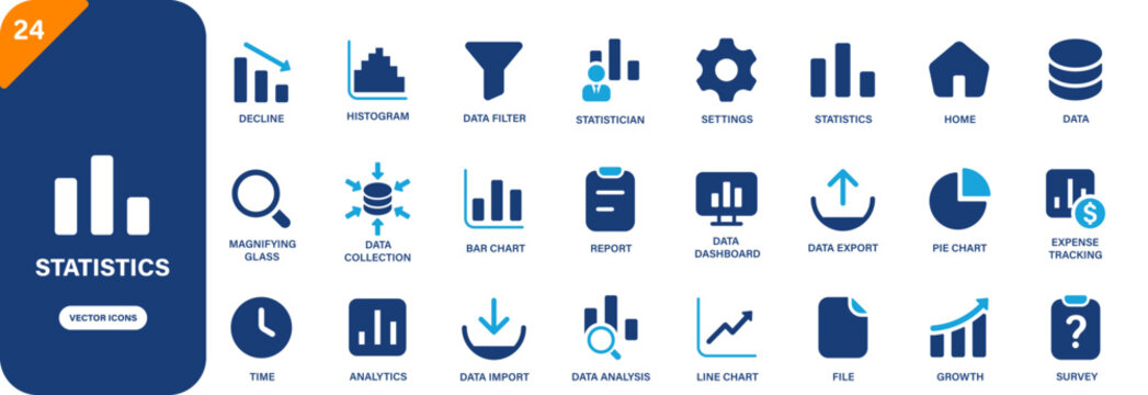 Statistics icon collection featuring data analysis, decline, expense tracking, statistician and growth symbols. Solid vector icons.
