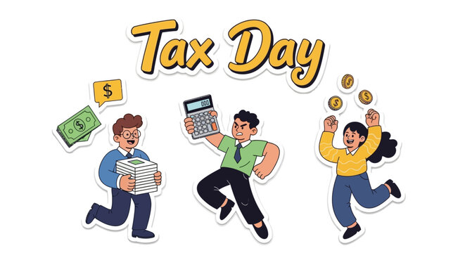 Cheerful cartoon characters celebrate tax season with money and calculators against a clean white backdrop, conveying financial responsibility and compliance in a flat vector illustration
