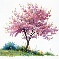 Fototapeta premium Blooming Cherry Blossom Tree on Stone Hillside Oil Painting