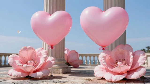 Heartshaped pink balloons and flowers on balcony