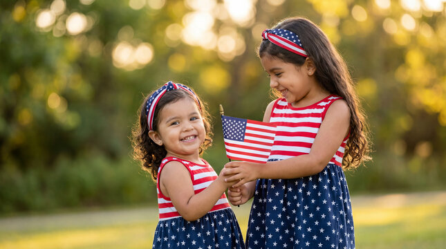 National Siblings Day Patriots Day sisters holding small American flags patriotic clothing celebration pride editorial magazine cover website banner