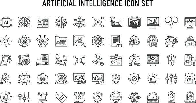Artificial intelligence icon set with machine learning analytics, neural network processing, automation workflow, cybersecurity protection technology vector outline symbols collection