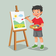 Little boy painting on canvas with color palette and paintbrush  © Tenstudio