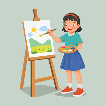 Little girl painting on canvas with color palette and paintbrush