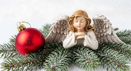 Fototapeta premium Holiday still life of angel figure, red ornament, and evergreen branch in snowy scene