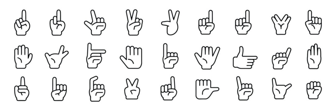 Hand gesture line icon set, vector pictograms of thumbs up, peace sign, high five, fist bump, rock on, and heart shape, thin linear illustration