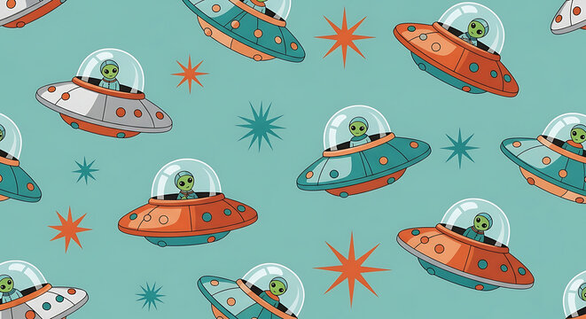 cute cartoon alien flying saucers and starbursts form a fun playful space pattern for childrens designs and sci-fi themes