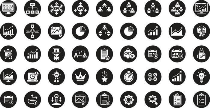 Business analytics KPI dashboard productivity leadership strategy finance solid circular glyph vector icon set for corporate interface and reporting