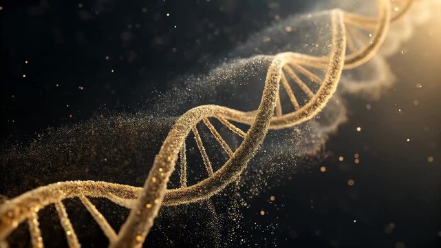 Golden conceptual glowing DNA strand symbolizes conceptual AI evolution symbol of life and technology progress with abstract molecular genetic helix