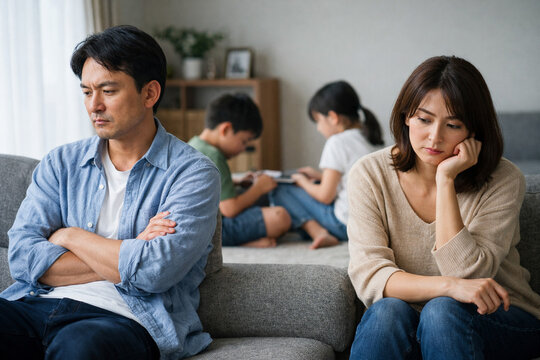 Unhappy married couple ignoring each other on sofa while children play in background at home