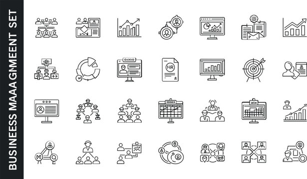 Business management analytics HR dashboard teamwork strategy corporate reporting hierarchy outline editable stroke vector icon set for planning interface
