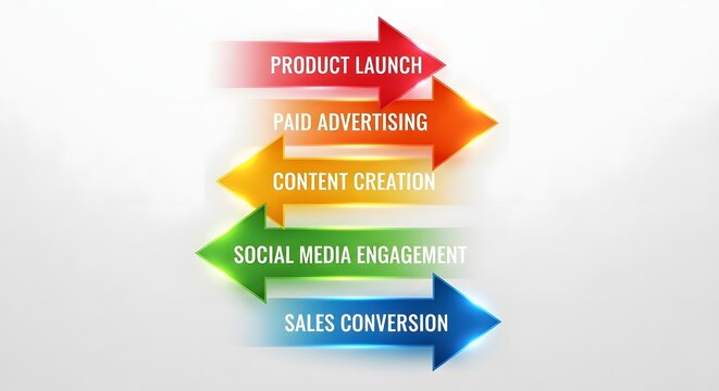Marketing funnel visualization displays five horizontal arrows pointing right in a tiered stack that outlines a comprehensive digital strategy from product launch to final sales conversion.