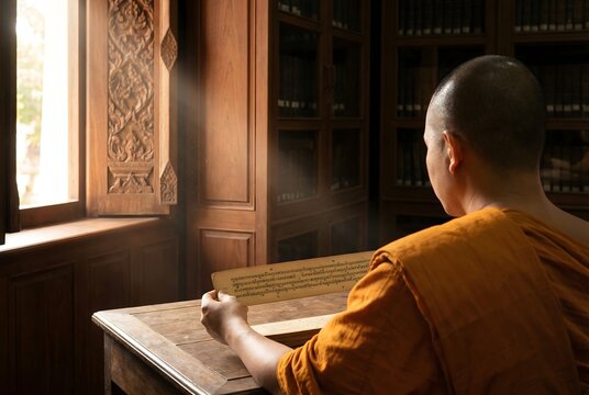 Over-the-shoulder shot of a monk reading ancient Pali scripture on a palm leaf manuscript inside a traditional Thai wooden library, warm natural light streaming through a window.