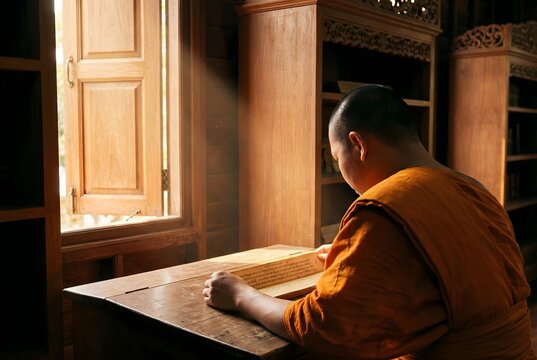 Over-the-shoulder shot of a monk reading ancient Pali scripture on a palm leaf manuscript inside a traditional Thai wooden library, warm natural light streaming through a window.