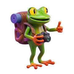 Fototapeta premium 3d rendered cartoon frog with backpack and camera