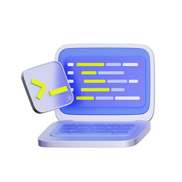3D illustration of laptop with command line terminal for software programming, coding interface, developer operations, system execution, and script writing.