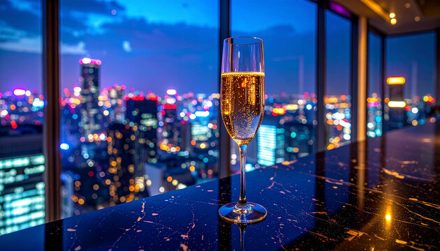 記念日や祝賀イベントの告知を華やかに彩る、夜景の見えるスカイラウンジとシャンパンの背景