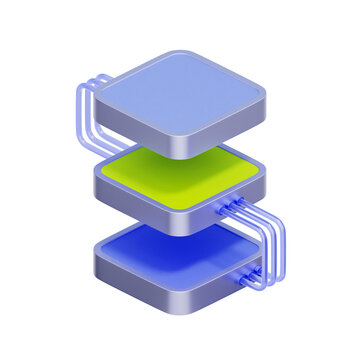 3D illustration of stacked square layers with side pipes for system integration, software connectivity, full stack development, network bridging, and data flow.
