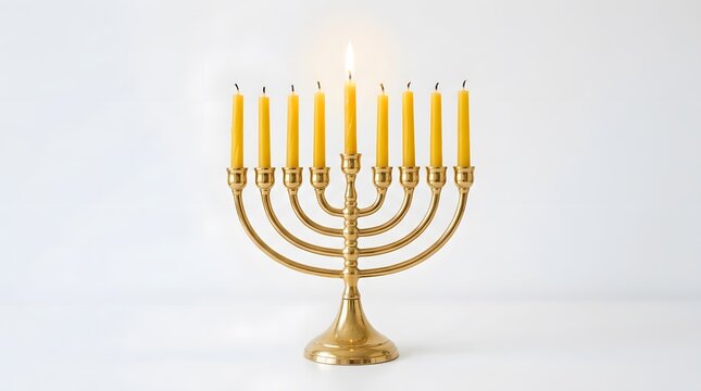 A traditional golden menorah with lit candles on a white background