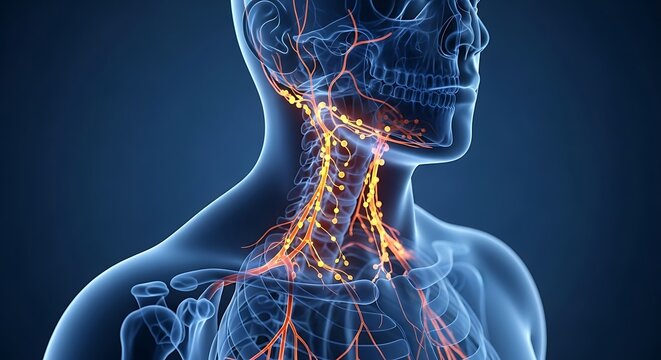 Medical rendering of human head/neck, showing lymphatic system; glowing orange against blue