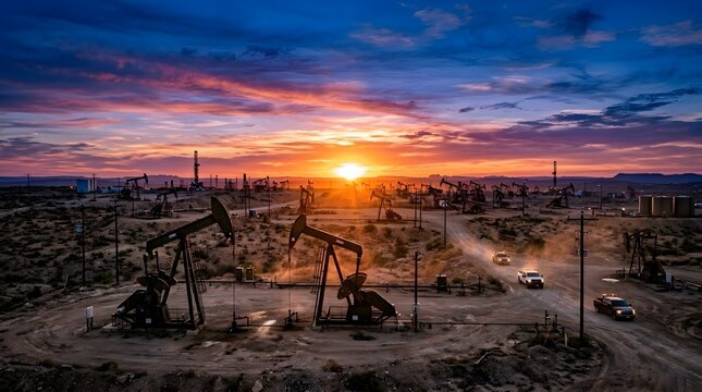 An oil field at sunset with pumpjacks and trucks on a dirt road under a vibrant sky