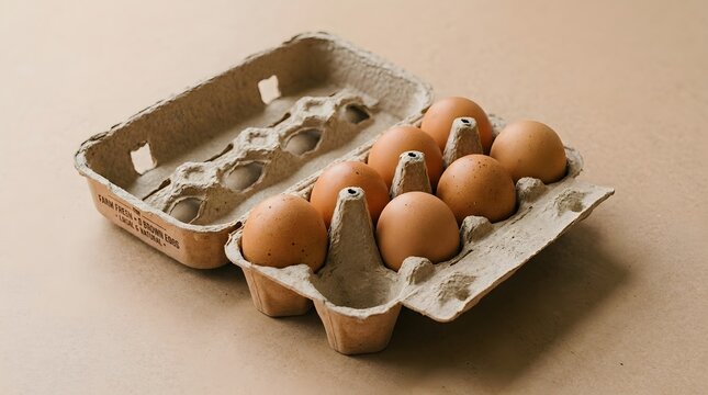 A carton of brown eggs on a plain surface with one empty carton