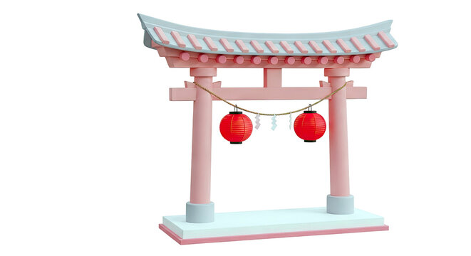 Pink Torii Gate with Red Lanterns and Shide
