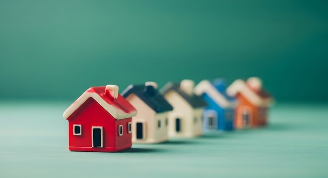 Miniature colorful houses lined up against a teal background, illustrating concepts