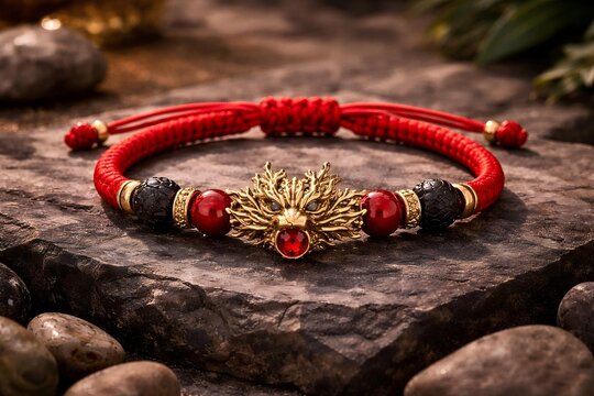 Red string bracelet with golden dragon charm