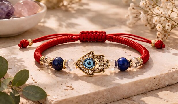 Elegant red string bracelet with Hamsa hand charm and blue evil eye