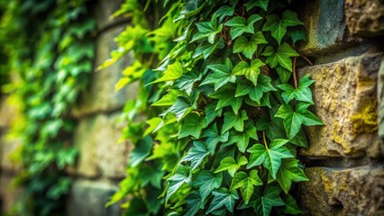 Obraz premium A photo of lush green ivy Hedera helix cascading down a stone wall, its leaves clinging tightly to the rough texture, creating a vibrant tapestry of