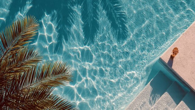 Tropical swimming pool with palm shadows and summer cocktail