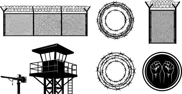 Barbed Wire Fence and Prison Security Icon Set with Watchtower, Fence, and Restricted Area Symbols for Protection and Warning Designs
