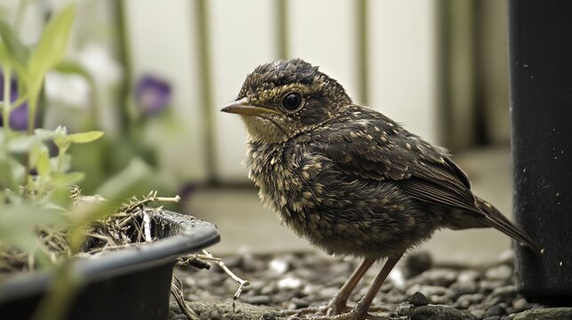 fledgling. A fledgling bird with ruffled feathers on the ground near its nest. wildlife magazines, conservation campaigns, designed for eco-tourism storytelling, used by event planners.