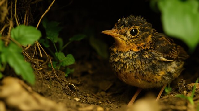fledgling. A fledgling bird with ruffled feathers on the ground near its nest. wildlife magazines, conservation campaigns, designed for eco-tourism storytelling, used by event planners.