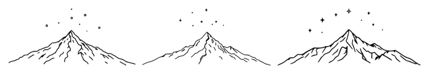 Obraz premium Mountain range set with minimalist line art stars under night sky featuring mountains, stars, line art with white background and cosmos