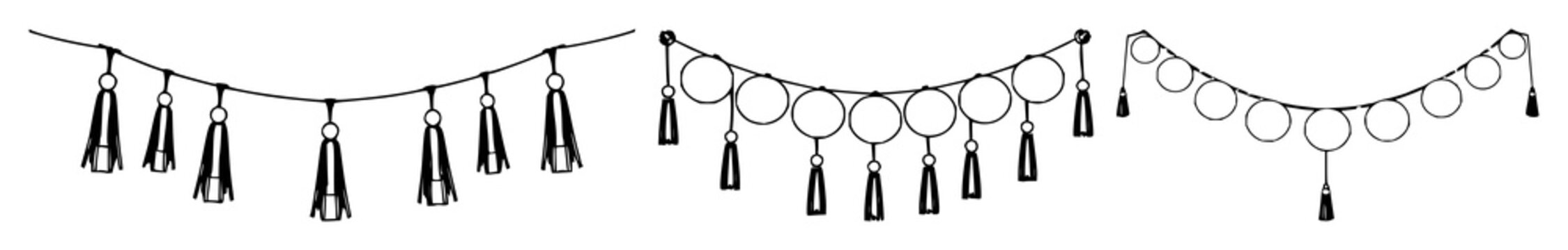 Moon phase garland with tassels set with simple line art on white background featuring moon phases, tassels, ornamental design with minimalism and elegance