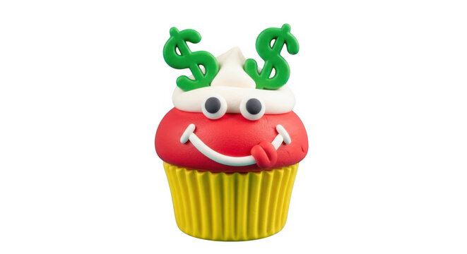A whimsical cupcake with dollar sign eyes and a cheerful grin