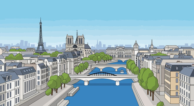 Parisian cityscape with Eiffel Tower and Notre Dame Cathedral illustration
