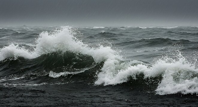 ごう音を立てて砕け散る巨大な波が暗い海を覆い尽くす鉛色の空 下で白く輝く波しぶきが力強く舞い上がる嵐の日の大迫力風景. AI Generated