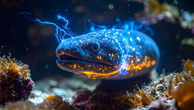 Glowing electric eel in coral reef.