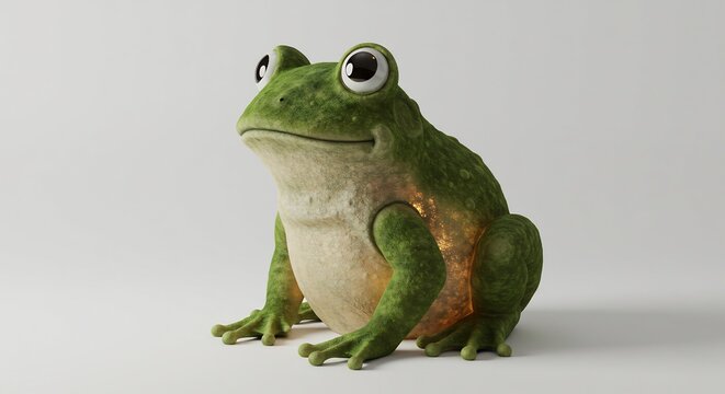 白い背景に立つ愛らしい緑色のカエルが穏やかな表情で微笑むつぶらな瞳が特徴的だ柔らかな光が優しく全身を照らし幻想的で温かい世界観を作り出す. AI Generated
