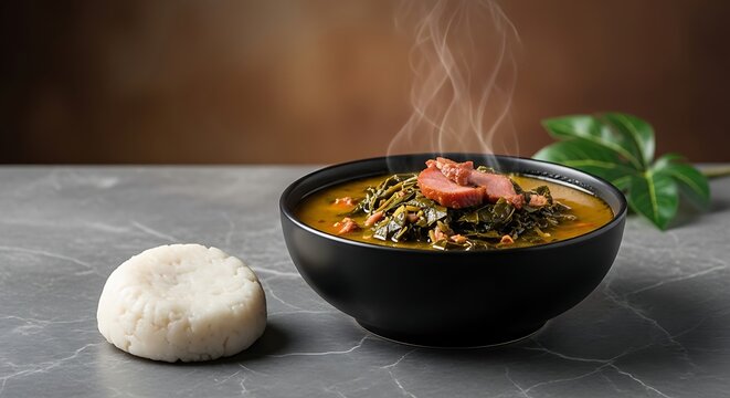 Eru soup, a dense stew of African Gnetum leaves with smoked meat and palm oil, presented in a dark ceramic bowl on a grey marble surface
