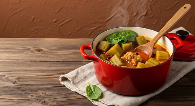 Kondre, Cameroon plantain stew, in traditional red enameled cast iron pot, cubed green plantain pieces in thick orange broth with goat meat and visible spices, fresh spinach leaves on top