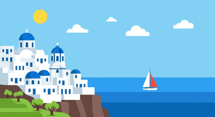 Santorini Greece Island Village Whitewashed Houses Blue Domes Sailboat Sea © Azrha